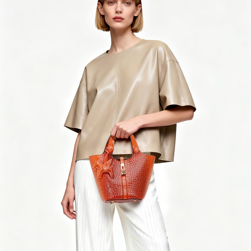 Kadynow Tote Bag for Women Vegan Leather Bucket Purse for Women Crocodile Pattern Top Handle Handbag Shoulder Bag with Detachable Small Purse Orange - Image 3