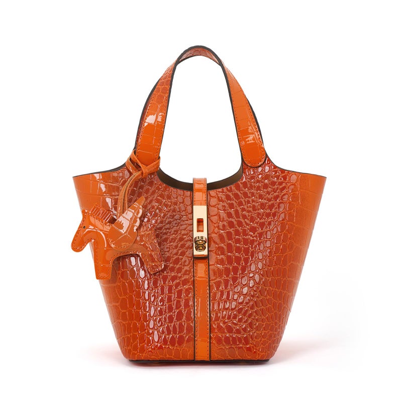 Kadynow Tote Bag for Women Vegan Leather Bucket Purse for Women Crocodile Pattern Top Handle Handbag Shoulder Bag with Detachable Small Purse Orange - Image 1