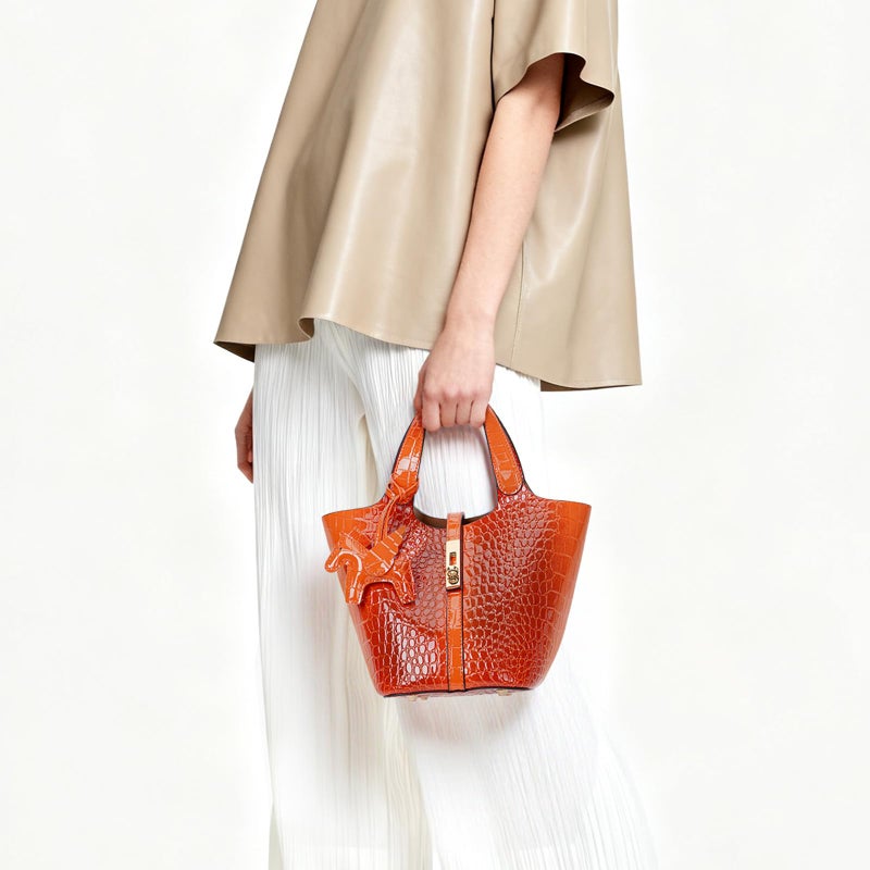 Kadynow Tote Bag for Women Vegan Leather Bucket Purse for Women Crocodile Pattern Top Handle Handbag Shoulder Bag with Detachable Small Purse Orange - Image 2