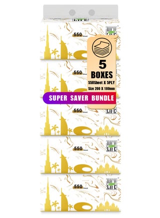 Facial Tissue - Premium Quality 5-Ply - 550 Sheets | 5 Value Packs | Soft, Durable & Moisture Proof | 100% Raw Wood Pulp - Ideal for Wet & Dry | Available in 5 to 40 Packs - pzsku/Z5F04A84271A68A8E78C0Z/45/_/1740620527/7f3c2c34-1eff-40c0-80b6-f555c8e6c1d4