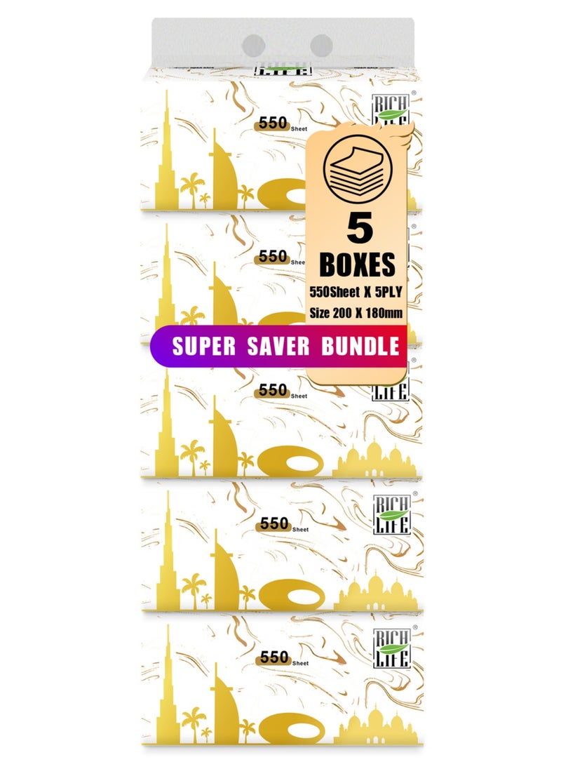 Rich Life Facial Tissue - Premium Quality 5-Ply - 550 Sheets | 5 Value Packs | Soft, Durable & Moisture Proof | 100% Raw Wood Pulp - Ideal for Wet & Dry | Available in 5 to 40 Packs  - Image 1