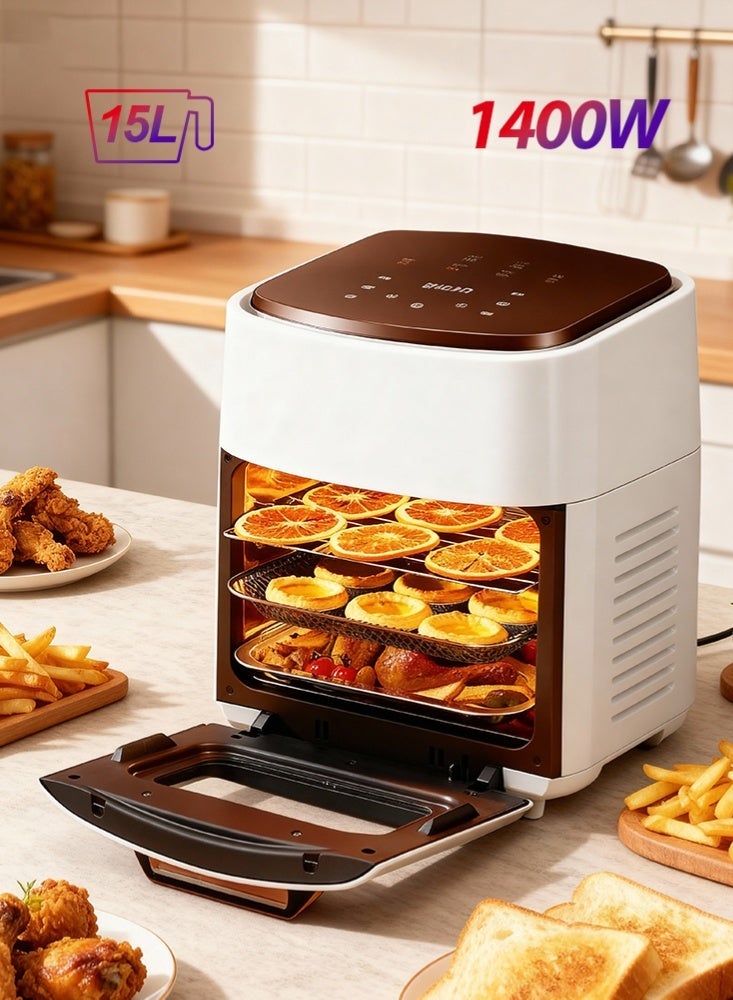 فلوكسهوم فرن هوائي بسعة 15 لتر – جهاز 7 في 1 مع شواية دوّارة وحمل حراري، 1400 واط، درجة حرارة من 60 إلى 200 درجة مئوية، بشاشة لمس ذكية – أبيض/أسود - Image 1
