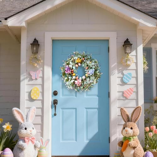 Montekin 20 Inch Spring Easter Wreath with Eggs & Lambs Ear – Artificial Eucalyptus Holiday Front Door Wreath for Farmhouse, Indoor Outdoor Home Décor, Easter Egg Wreath for Spring - Image 2