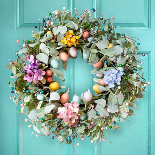 Montekin 20 Inch Spring Easter Wreath with Eggs & Lambs Ear – Artificial Eucalyptus Holiday Front Door Wreath for Farmhouse, Indoor Outdoor Home Décor, Easter Egg Wreath for Spring - Image 1