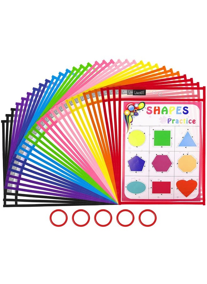 Gamenote Dry Erase Pockets 30 Pack With Rings Oversized Reusable Plastic Sleeves Shop Ticket Holders Sheet Protectors Teacher Supplies For Classroom Organization (Colorful)  - Image 1