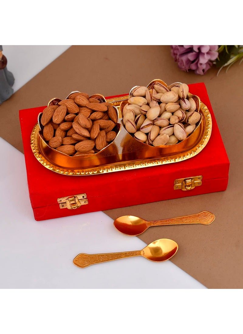 Great Art - Great Art German Silver Brass Two Bowl with Two Spoon and with Single Tray with Beautiful Velvet Box Packing(Gift Items) Pack-1 - Image 1