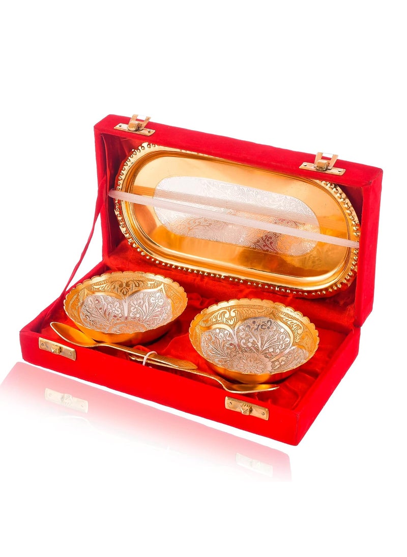 Great Art - Great Art German Silver Brass Two Bowl with Two Spoon and with Single Tray with Beautiful Velvet Box Packing(Gift Items) Pack-1 - Image 1