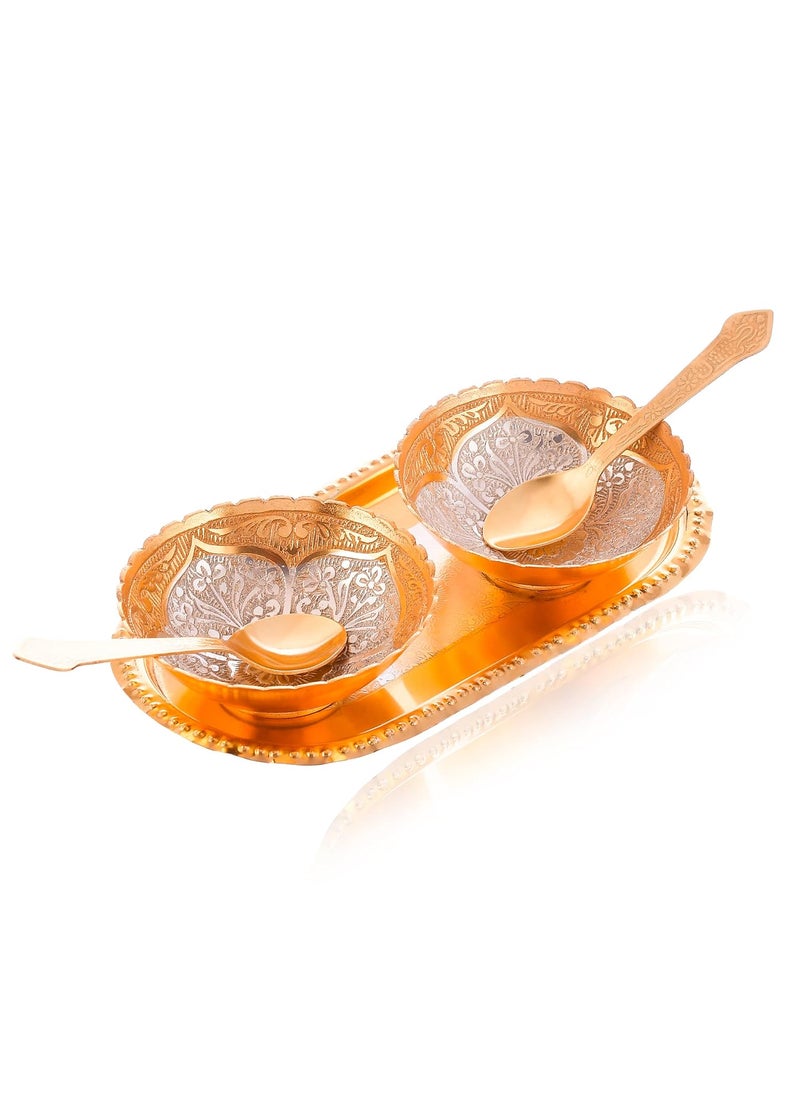 Great Art - Great Art German Silver Brass Two Bowl with Two Spoon and with Single Tray with Beautiful Velvet Box Packing(Gift Items) Pack-1 - Image 1