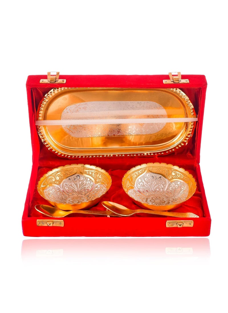 Great Art - Great Art German Silver Brass Two Bowl with Two Spoon and with Single Tray with Beautiful Velvet Box Packing(Gift Items) Pack-1 - Image 1
