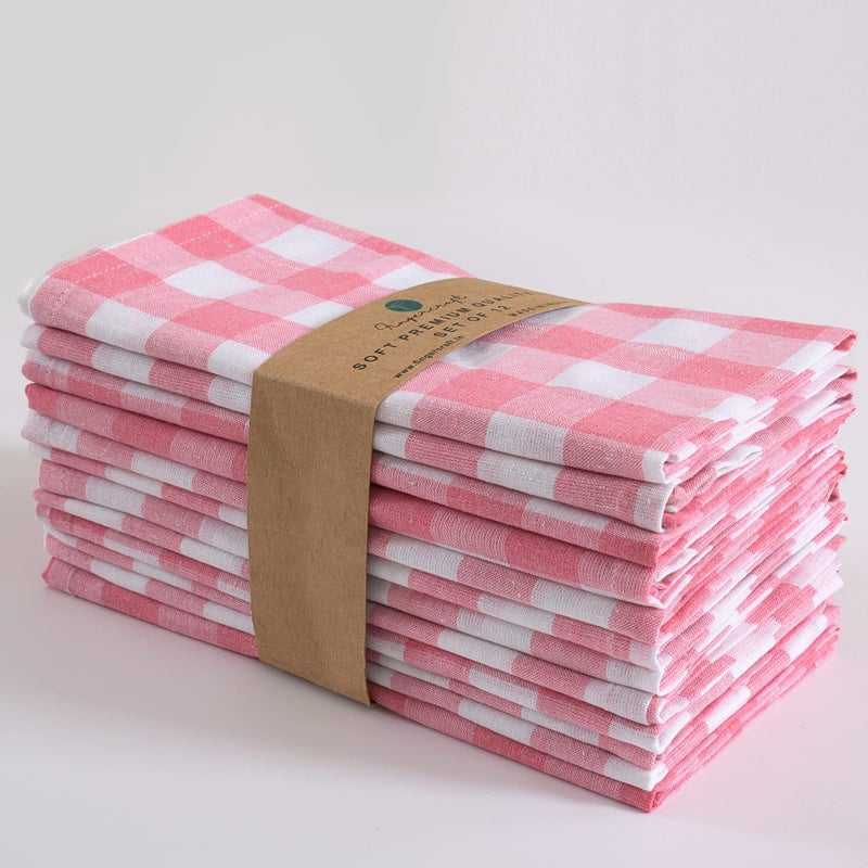 FINGERCRAFT Cloth Napkins Everyday Use Premium Quality Cotton Buffalo Plaid Set of 12 20X20 Inch Oversized Napkins Cloth Mitered Corners Soft Durable Hotel Quality Pink White Checkered