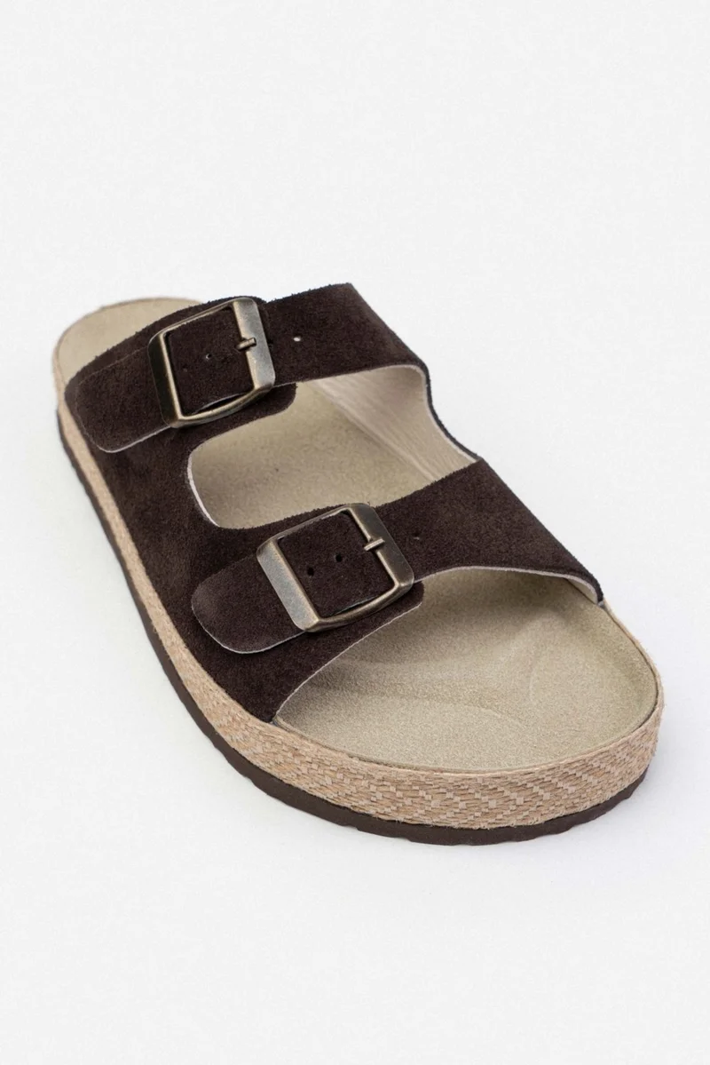 نيشانتاشي شوز Sarrah Brown Suede Double Buckle Detailed Flat Sole Women's Slippers