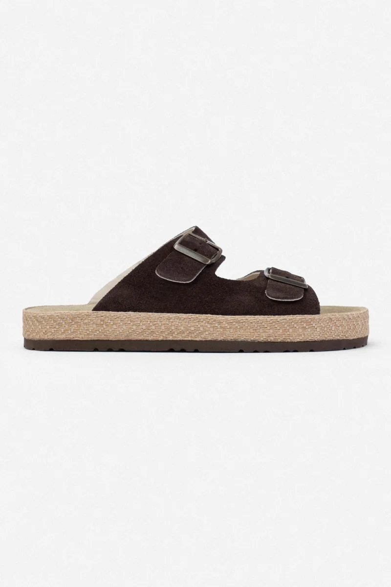 نيشانتاشي شوز Sarrah Brown Suede Double Buckle Detailed Flat Sole Women's Slippers