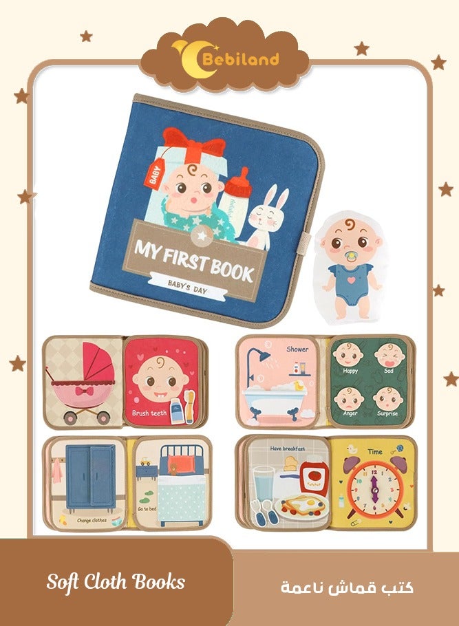 بيبي لاند كتب قماشية ناعمة للأولاد والبنات، كتب أنشطة وهادئة للأطفال الصغار والرضع، كتب حسية تفاعلية مع ساعة وتعبير (متعددة الألوان) - Image 1