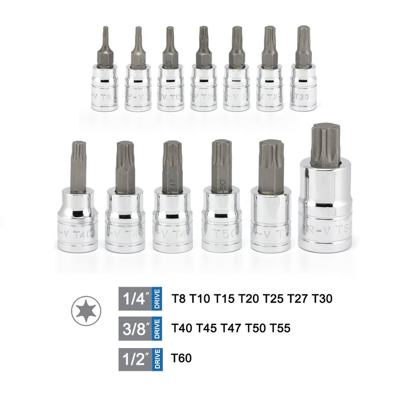 Neiko NEIKO 10071A 13-Piece Torx Bit Socket Set, S2 and Cr-V Steel, 1/4-Inch, 3/8-Inch and 1/2-Inch Drive, 2mm to 14mm, Torx Bit Set, Torque Bit Set, Torx Socket Set  - Image 2
