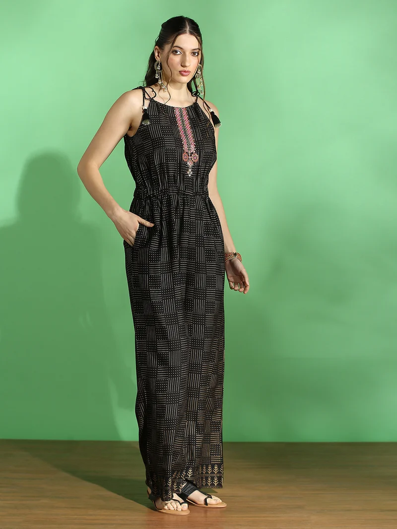 globus Globus Women Black Ethnic Print Embroidered Halter Neck Tie-Up Sleeve Wide Leg Fusion Jumpsuit