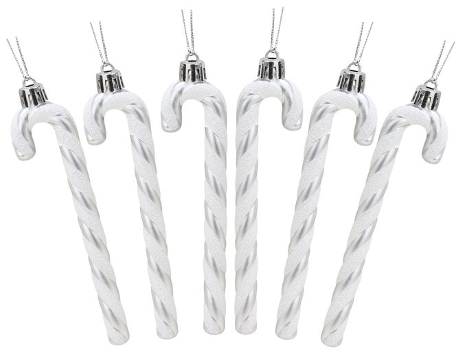 PACK OF 613CM GLITTER CANDY CANE CHRISTMAS TREE DECORATIONS SILVER WHITE