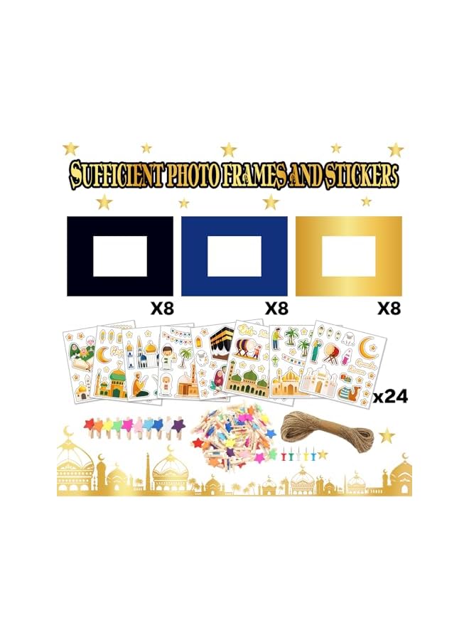 The Bros 24 مجموعة إطار صور رمضان الحرف اليدوية، زينة عيد مبارك للأطفال مع مشابك صور نجوم ملونة خشبية وخيوط جوت للأنشطة الصفية في عيد رمضان الأضحى - Image 3