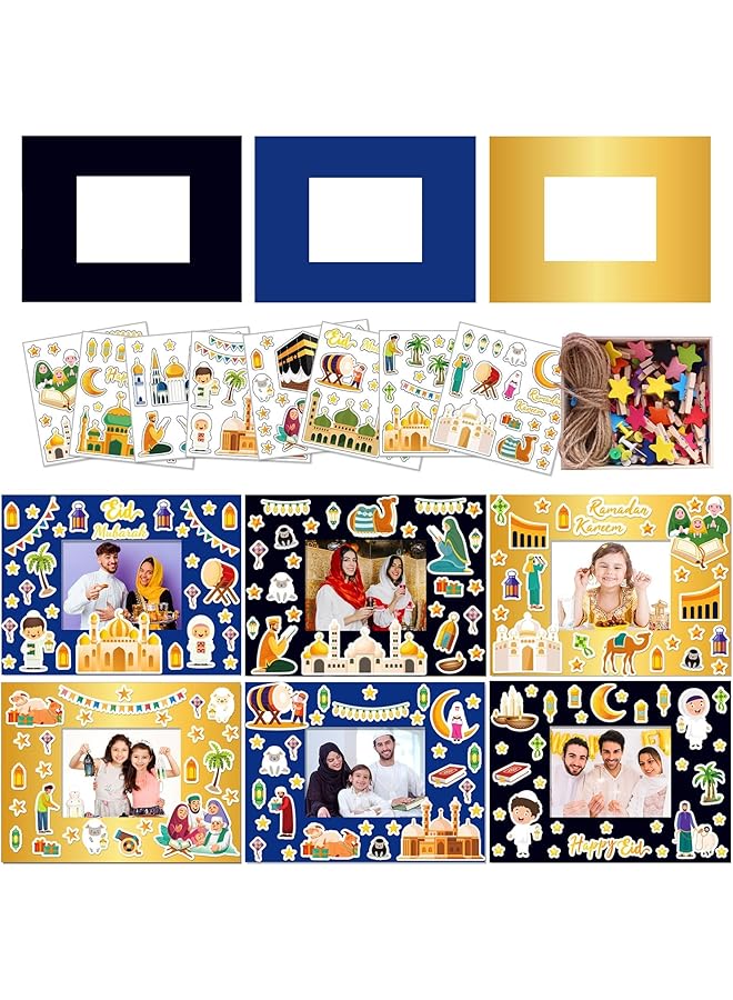 The Bros 24 مجموعة إطار صور رمضان الحرف اليدوية، زينة عيد مبارك للأطفال مع مشابك صور نجوم ملونة خشبية وخيوط جوت للأنشطة الصفية في عيد رمضان الأضحى - Image 1