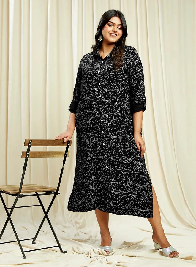 globus Globus Plus Size Black All Over Print Shirt Midi Dress
