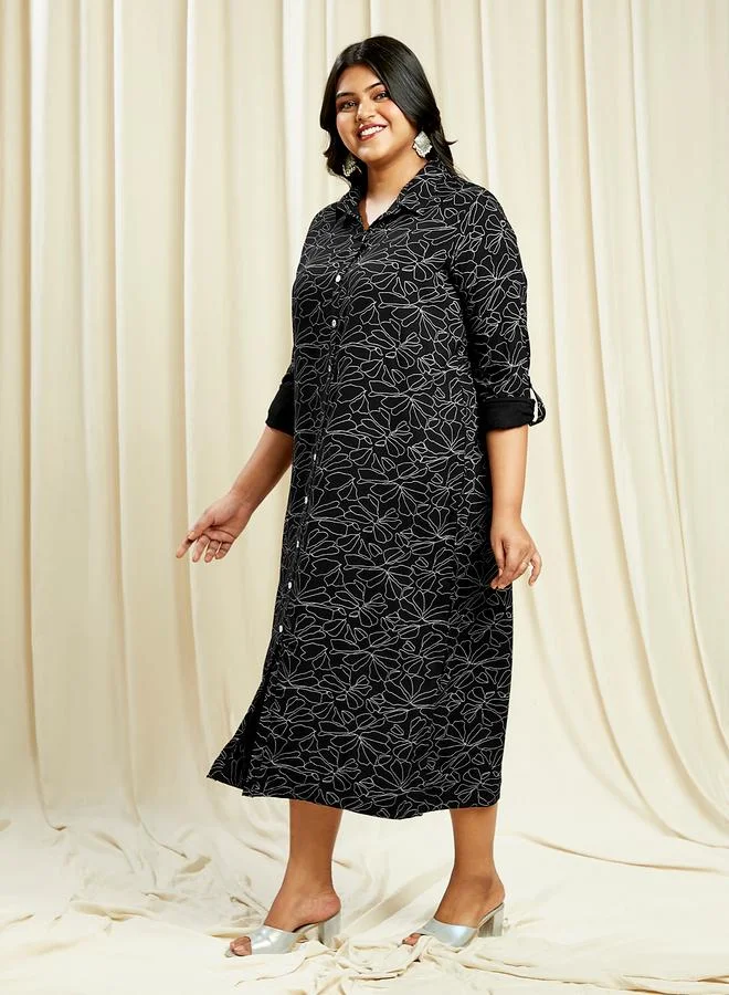 globus Globus Plus Size Black All Over Print Shirt Midi Dress