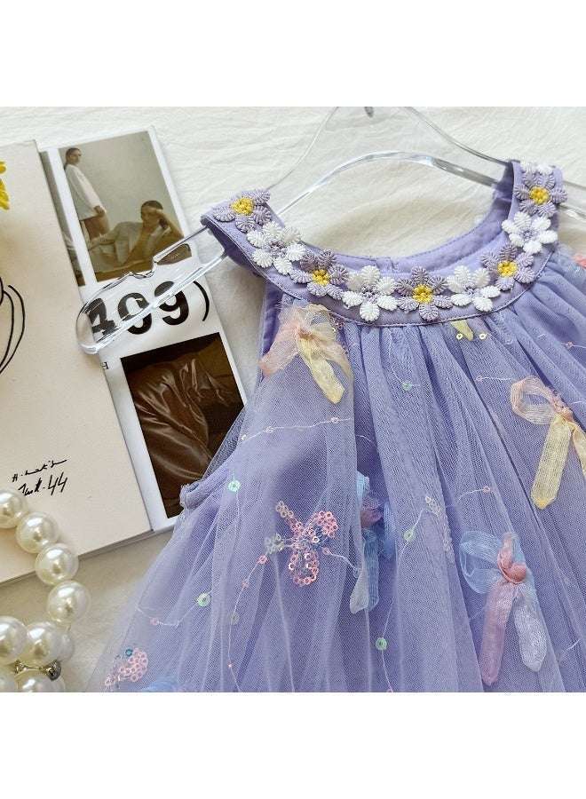 Ayada Home Girls Purple Tulle Princess Dress, Sleeveless Floral & Bow Embellished Tutu Dress for Kids - Image 4