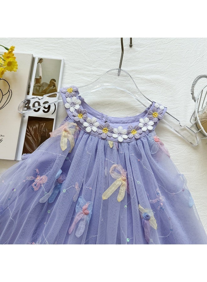 Ayada Home Girls Purple Tulle Princess Dress, Sleeveless Floral & Bow Embellished Tutu Dress for Kids - Image 3