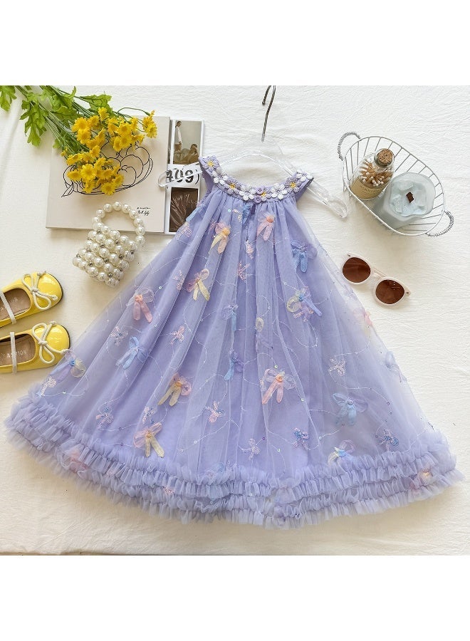Ayada Home Girls Purple Tulle Princess Dress, Sleeveless Floral & Bow Embellished Tutu Dress for Kids - Image 1