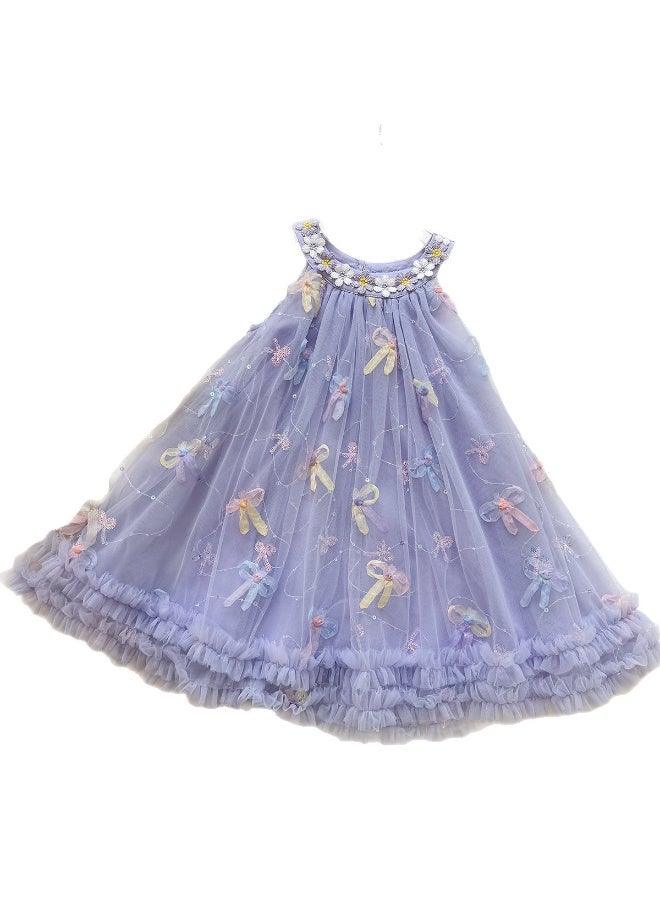 Ayada Home Girls Purple Tulle Princess Dress, Sleeveless Floral & Bow Embellished Tutu Dress for Kids - Image 2