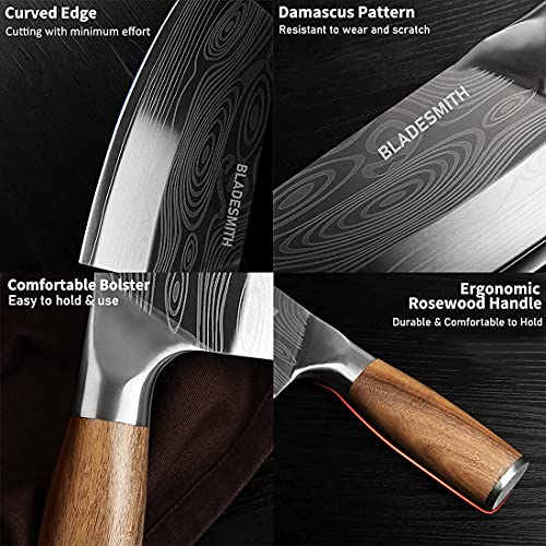 BLADESMITH Cleaver Knife for unfrozen meat and vegetable, 7" Chinese Chef's Kitchen slicer, Razor sharp HC German Stainless Steel blade with lasered damascus pattern, pearwood Handle - Image 3