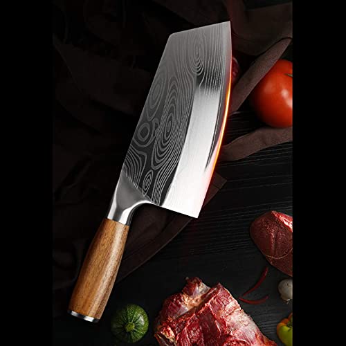 BLADESMITH Cleaver Knife for unfrozen meat and vegetable, 7" Chinese Chef's Kitchen slicer, Razor sharp HC German Stainless Steel blade with lasered damascus pattern, pearwood Handle - Image 5