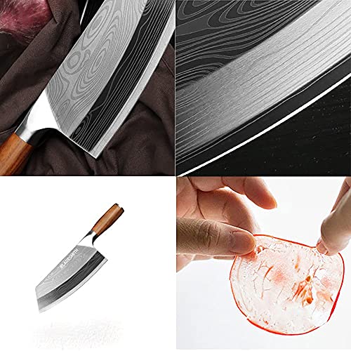 BLADESMITH Cleaver Knife for unfrozen meat and vegetable, 7" Chinese Chef's Kitchen slicer, Razor sharp HC German Stainless Steel blade with lasered damascus pattern, pearwood Handle - Image 4