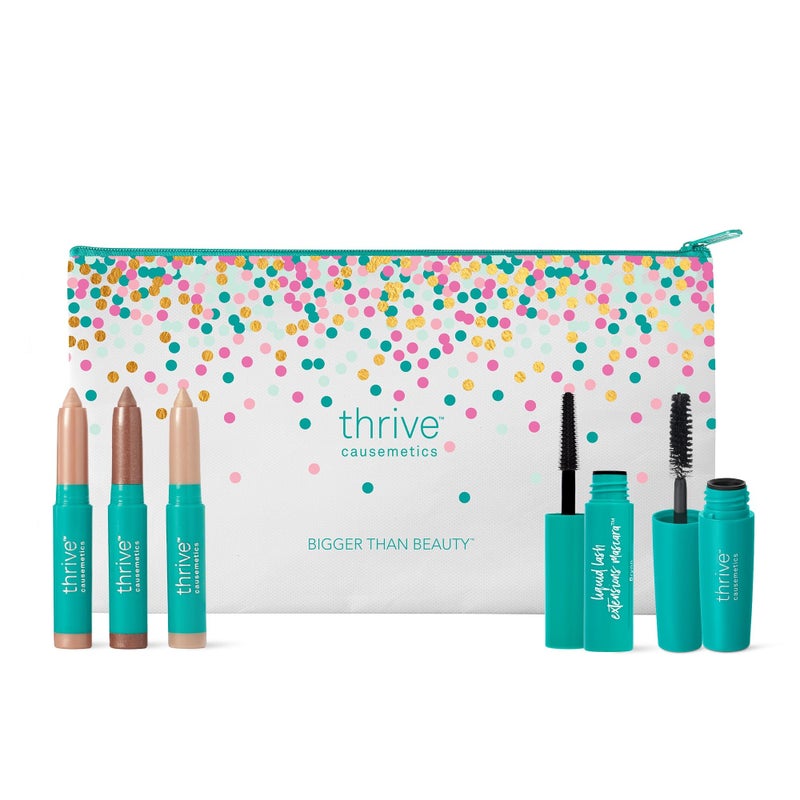 Thrive Causemetics Mini Makeup Essentials, Gift Set for Women, Deluxe Mini Liquid Lash Extensions & Volumizer Mini Mascaras, Brynn (Rich Black), Mini Eye Brightener Highlighter Sticks - 3 Shades - Image 1
