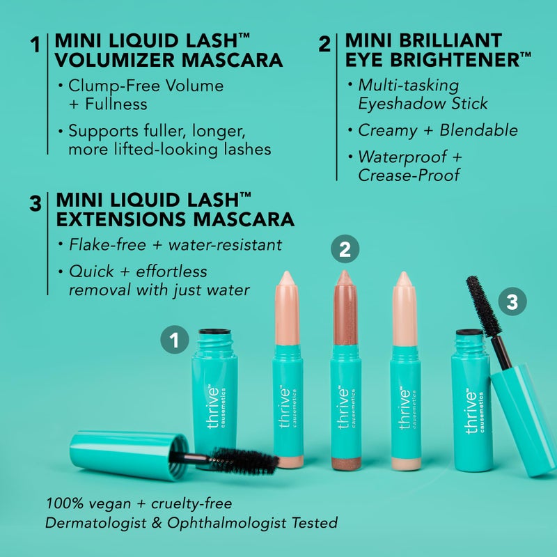 Thrive Causemetics Mini Makeup Essentials, Gift Set for Women, Deluxe Mini Liquid Lash Extensions & Volumizer Mini Mascaras, Brynn (Rich Black), Mini Eye Brightener Highlighter Sticks - 3 Shades - Image 2