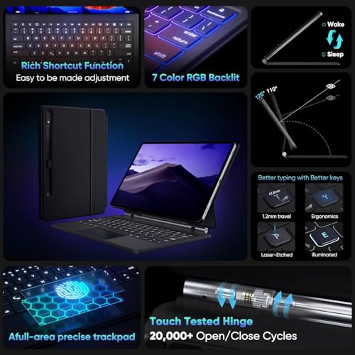Atdaraz Bluetooth Keyboard Case for Samsung Galaxy Tab S10+ Plus/S9+/S9 FE+/S8+/S7+/S7 FE 12.4" Magnetic Case with Touchpad Backlit Floating Cantilever Stand Slim Protective Cover Folio Black - Image 3