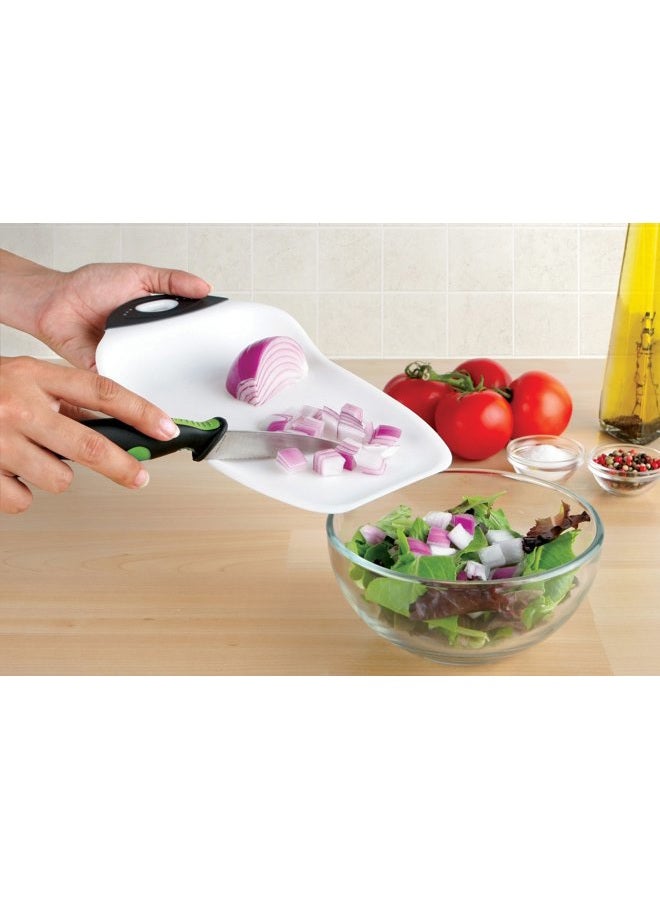 Dexas Chop & Scoop Cutting Board, Small 6.5 by 10.5 inches, White with Black Handle - Image 2
