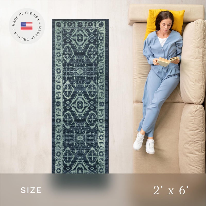 Maples Rugs Georgina Traditional Runner Rug â€“ Made in USA â€“ Washable, Non Slip Indoor Carpet for Hallway, Kitchen, and Laundry Room, 2' x 6', Navy Blue/Green - Image 3