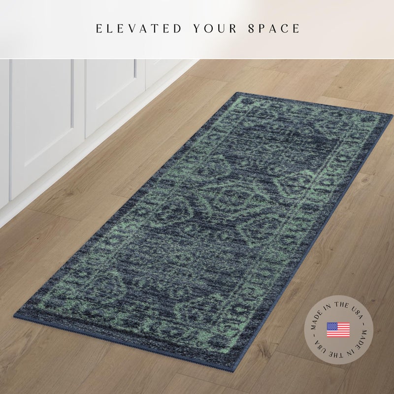 Maples Rugs Georgina Traditional Runner Rug â€“ Made in USA â€“ Washable, Non Slip Indoor Carpet for Hallway, Kitchen, and Laundry Room, 2' x 6', Navy Blue/Green - Image 2
