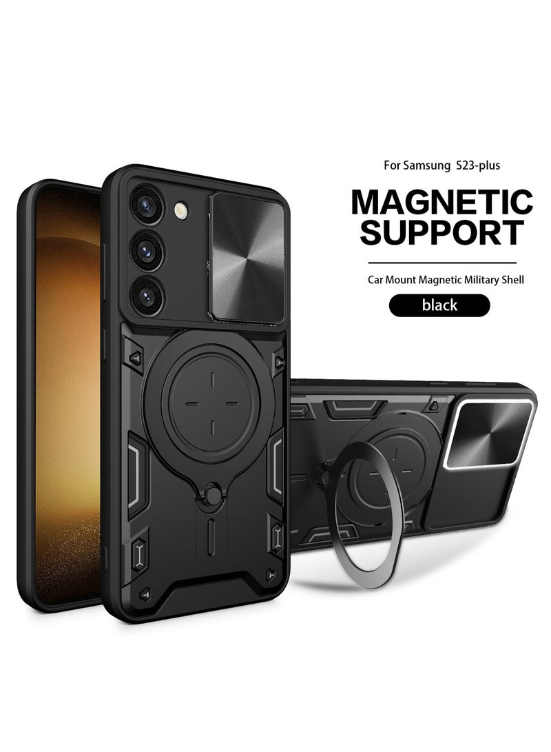 Samsung Galaxy S23 Plus Black Mobile Phone Case with Slide Camera Lens Cover 360 Degree Rotating Kickstand Ring Shockproof Bumper Compatible with Car Magnetic Mount - Image 1