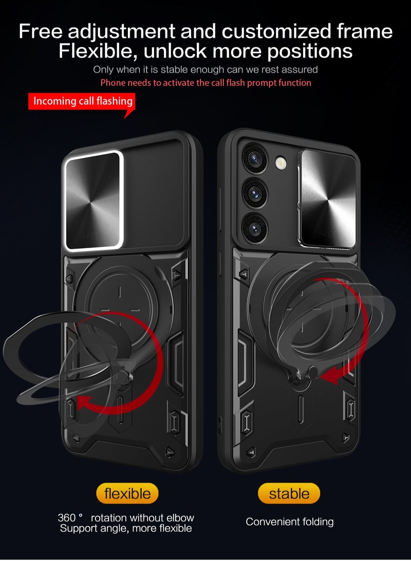 Samsung Galaxy S23 Plus Black Mobile Phone Case with Slide Camera Lens Cover 360 Degree Rotating Kickstand Ring Shockproof Bumper Compatible with Car Magnetic Mount - Image 2