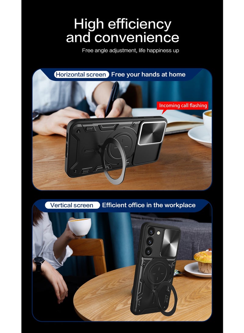 Samsung Galaxy S23 Plus Black Mobile Phone Case with Slide Camera Lens Cover 360 Degree Rotating Kickstand Ring Shockproof Bumper Compatible with Car Magnetic Mount - Image 3