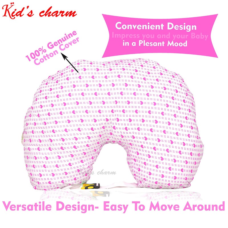 Kid's Charm Kid's Charm Dotted-Heart 3 PCS Combo Set |3 in 1 Baby's Cotton Bed Cum Carry Bed|5 in 1 Baby's Cotton Breast Feeding Pillow with Safety Belt|2 in 1 Baby's Cotton with Mosquito Net for 0-4 Months(Pink) - Image 4