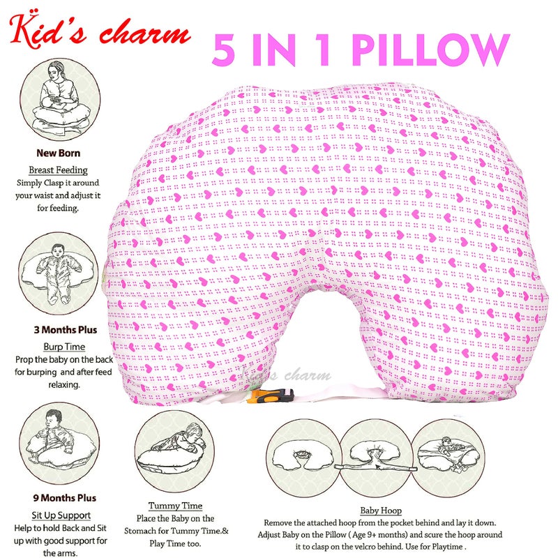 Kid's Charm Kid's Charm Dotted-Heart 3 PCS Combo Set |3 in 1 Baby's Cotton Bed Cum Carry Bed|5 in 1 Baby's Cotton Breast Feeding Pillow with Safety Belt|2 in 1 Baby's Cotton with Mosquito Net for 0-4 Months(Pink) - Image 5