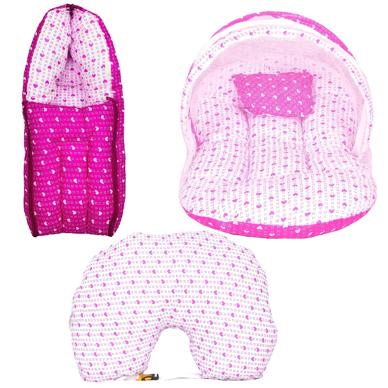 Kid's Charm Kid's Charm Dotted-Heart 3 PCS Combo Set |3 in 1 Baby's Cotton Bed Cum Carry Bed|5 in 1 Baby's Cotton Breast Feeding Pillow with Safety Belt|2 in 1 Baby's Cotton with Mosquito Net for 0-4 Months(Pink) - Image 1