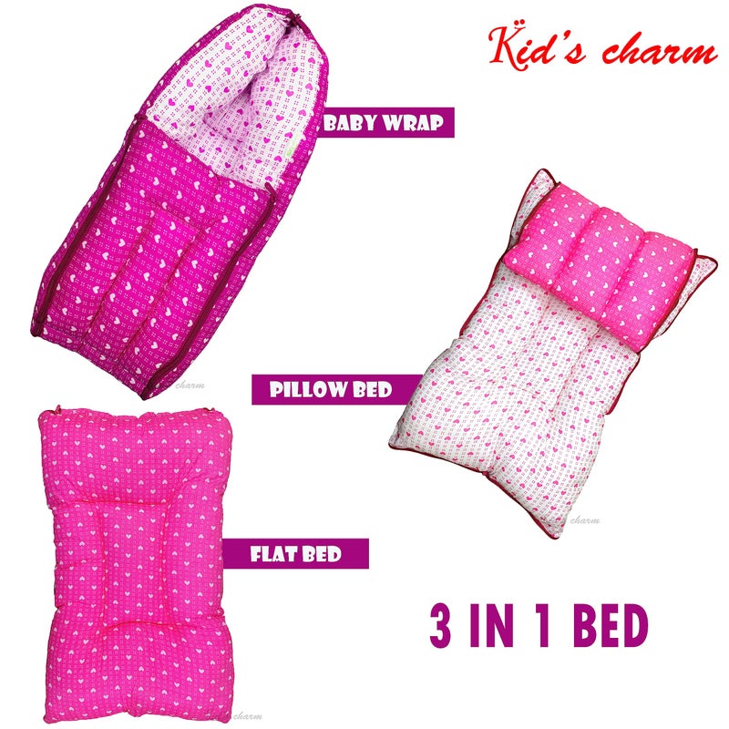 Kid's Charm Kid's Charm Dotted-Heart 3 PCS Combo Set |3 in 1 Baby's Cotton Bed Cum Carry Bed|5 in 1 Baby's Cotton Breast Feeding Pillow with Safety Belt|2 in 1 Baby's Cotton with Mosquito Net for 0-4 Months(Pink) - Image 2