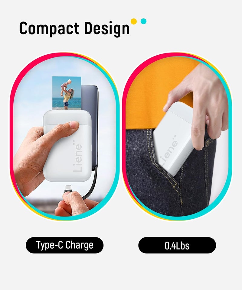 Liene 2x3" Photo Printer, Mini Instant Portable Color Mono Picture Printer Bundle 50 Zink Adhesive Paper, Bluetooth 5.0, Compatible w/iOS & Android, Small Phone Sticker for iPhone, Smartphone - Image 4