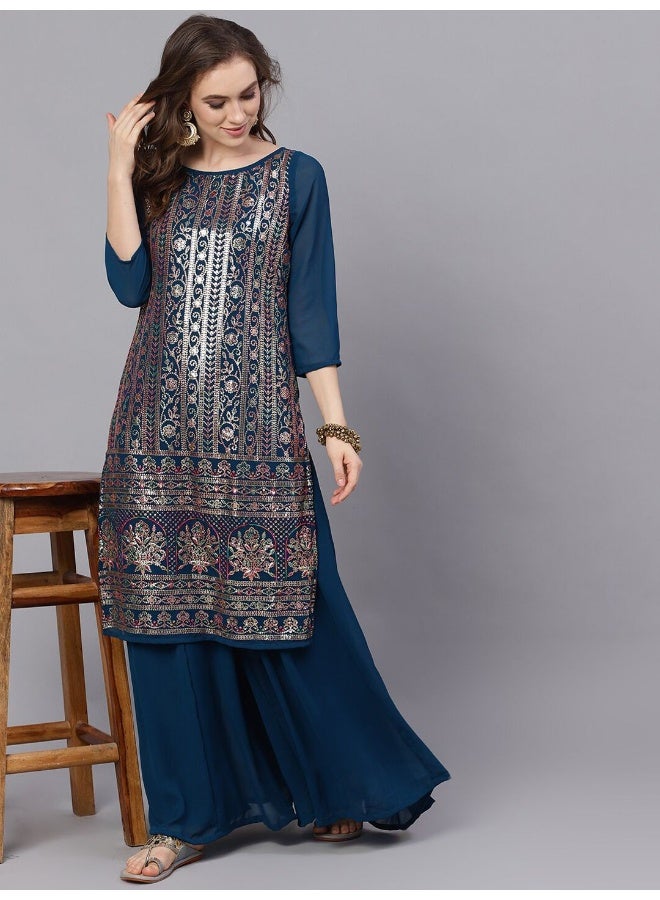 AKS Ethnic Motifs Embroidered Sequinned Georgette Straight Kurta With Palazzos