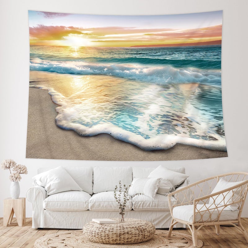 Riyidecor BeachSunset Sunrise Wall Blankets Decor Fabric Hanging Dorm Room Tapestry 60Hx80W Inch Summer Coastal Ocean Hawaiian Sea Wave Seaside Wave Seashore Decorations for Office Living Room BB-JWXP - Image 2