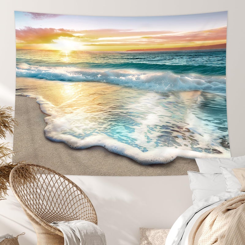 Riyidecor BeachSunset Sunrise Wall Blankets Decor Fabric Hanging Dorm Room Tapestry 60Hx80W Inch Summer Coastal Ocean Hawaiian Sea Wave Seaside Wave Seashore Decorations for Office Living Room BB-JWXP - Image 1