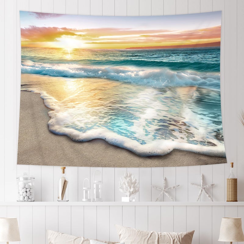 Riyidecor BeachSunset Sunrise Wall Blankets Decor Fabric Hanging Dorm Room Tapestry 60Hx80W Inch Summer Coastal Ocean Hawaiian Sea Wave Seaside Wave Seashore Decorations for Office Living Room BB-JWXP - Image 4