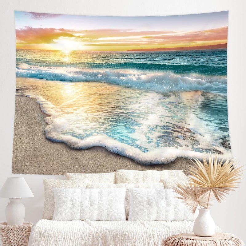 Riyidecor BeachSunset Sunrise Wall Blankets Decor Fabric Hanging Dorm Room Tapestry 60Hx80W Inch Summer Coastal Ocean Hawaiian Sea Wave Seaside Wave Seashore Decorations for Office Living Room BB-JWXP - Image 3